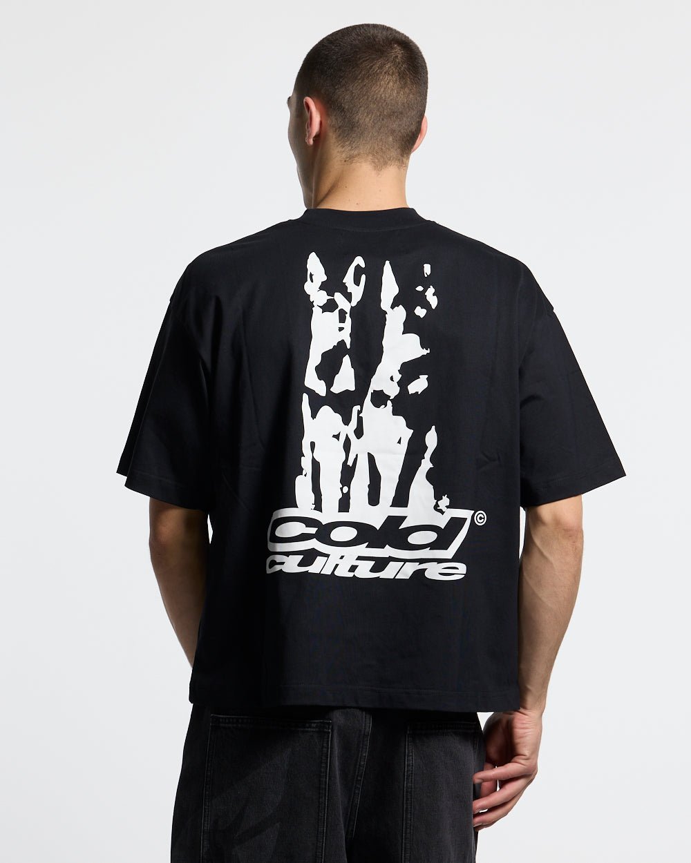 DOGS TEE BLACK - black graphic print tee, back view on male model - Cold Culture #man