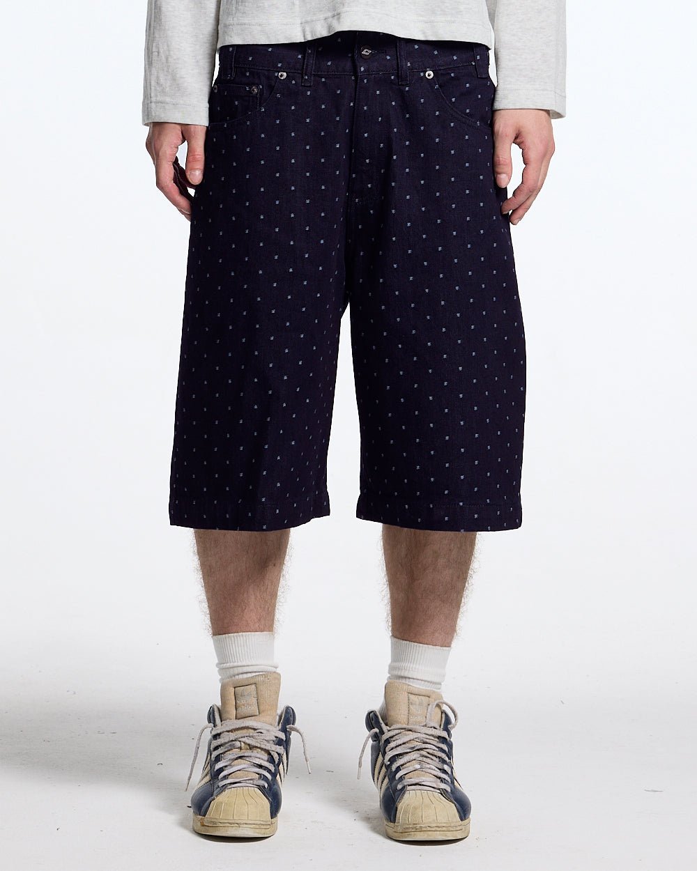 DOT CLUB SHORTS BLACK - black polka dot shorts, front view on male model - Cold Culture