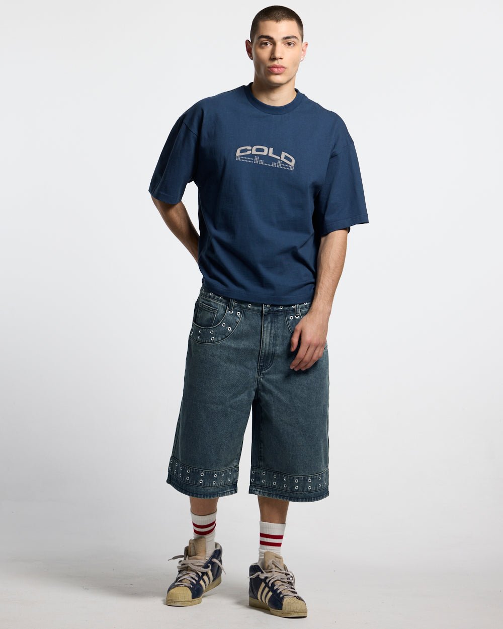 DOTS CLUB TEE BLUE - blue graphic print tee, front view on male model - Cold Culture #man