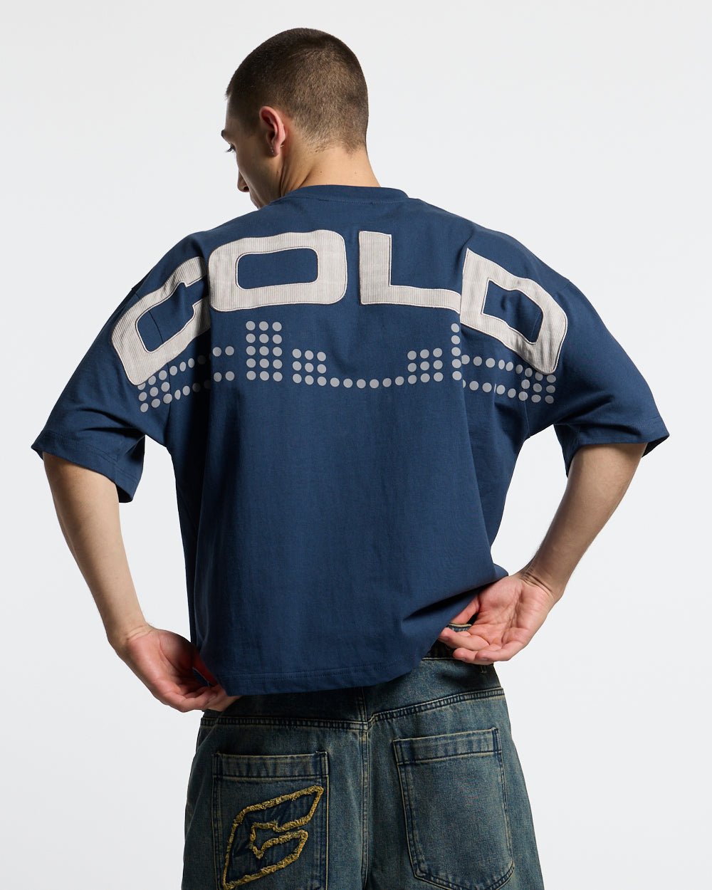DOTS CLUB TEE BLUE - blue graphic print tee, back view on male model - Cold Culture #man