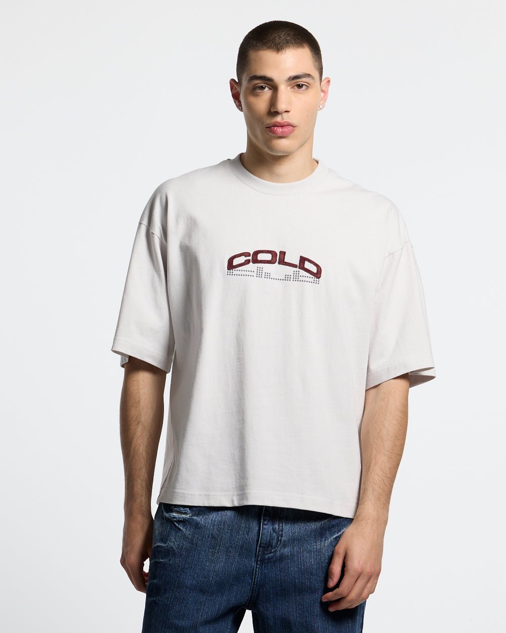 DOTS CLUB TEE LIGHT GREY - light grey graphic print tee, front view on male model - Cold Culture #man