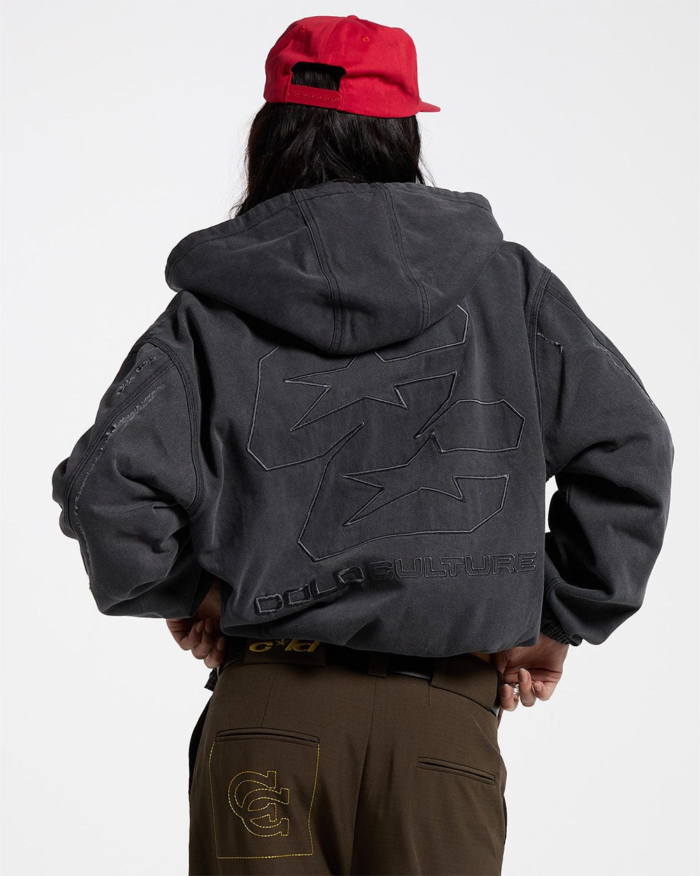 DOUBLE C STARS ZIP JACKET HEAVY GREY DENIM - washed grey denim zip jacket, back view on female model - Cold Culture #woman