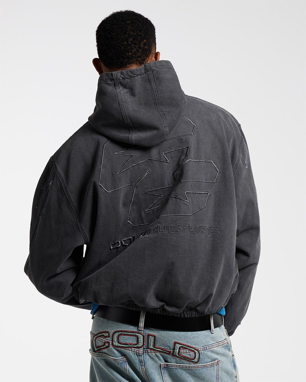 DOUBLE C STARS ZIP JACKET HEAVY GREY DENIM - washed grey denim zip jacket, back view on male model - Cold Culture