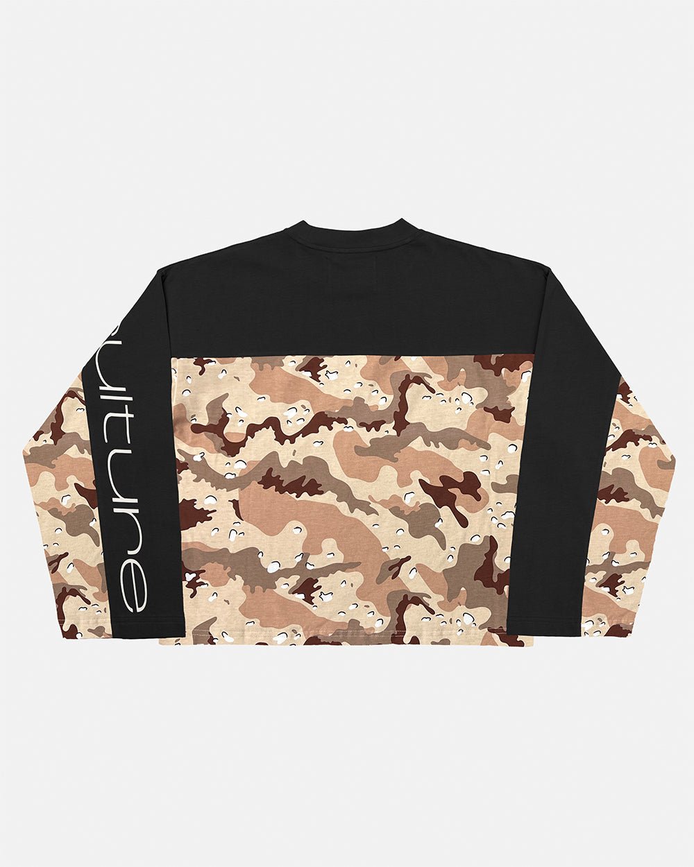 DOUBLE SIDED LONGSLEEVE CAMO - black and camo longsleeve tee, back view - Cold Culture #packshot