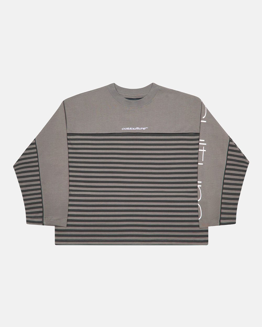DOUBLE SIDED LONGSLEEVE DARK GREY - dark grey striped longsleeve tee, front view - Cold Culture #packshot