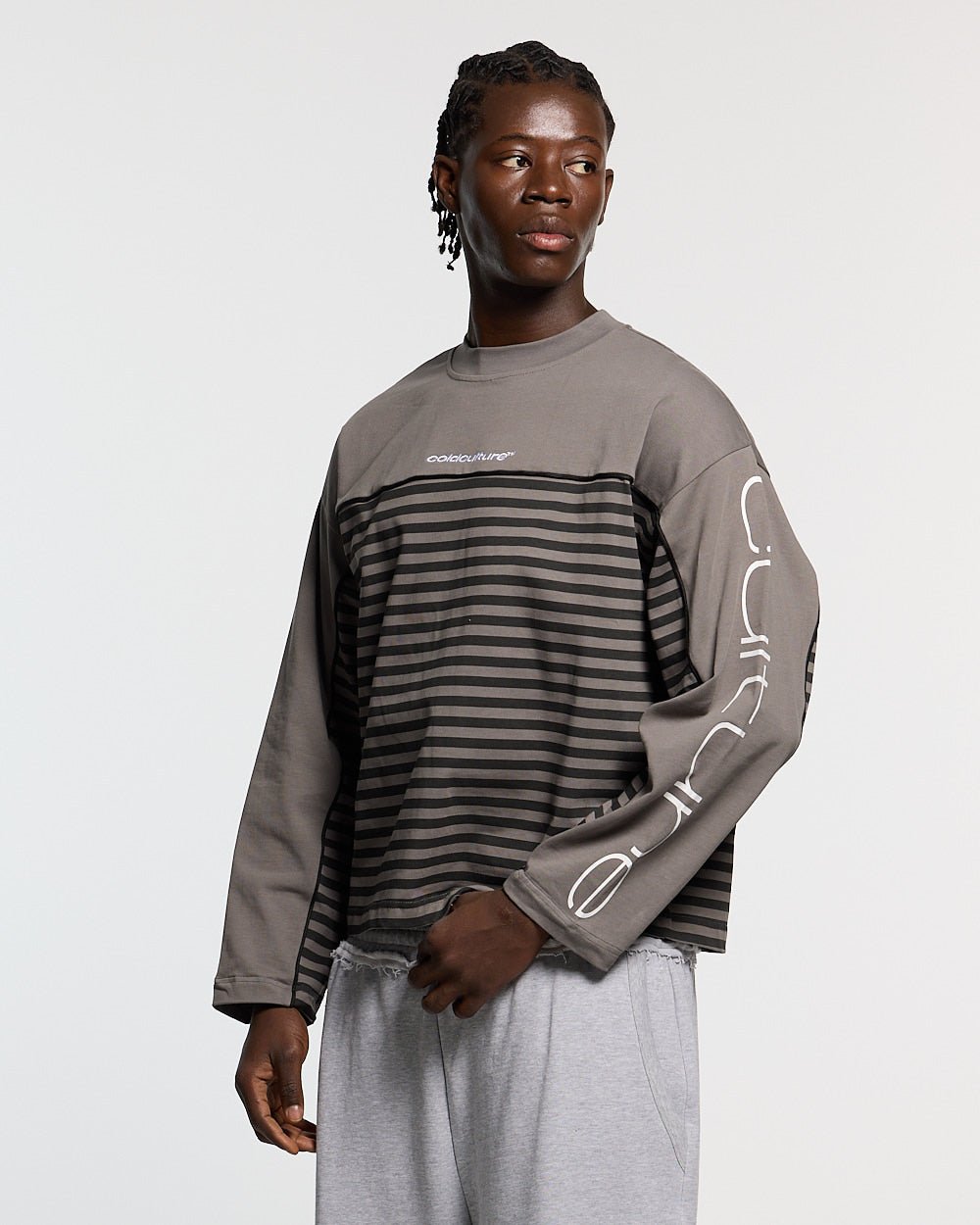 DOUBLE SIDED LONGSLEEVE DARK GREY - dark grey striped longsleeve tee, front view on male model - Cold Culture #man