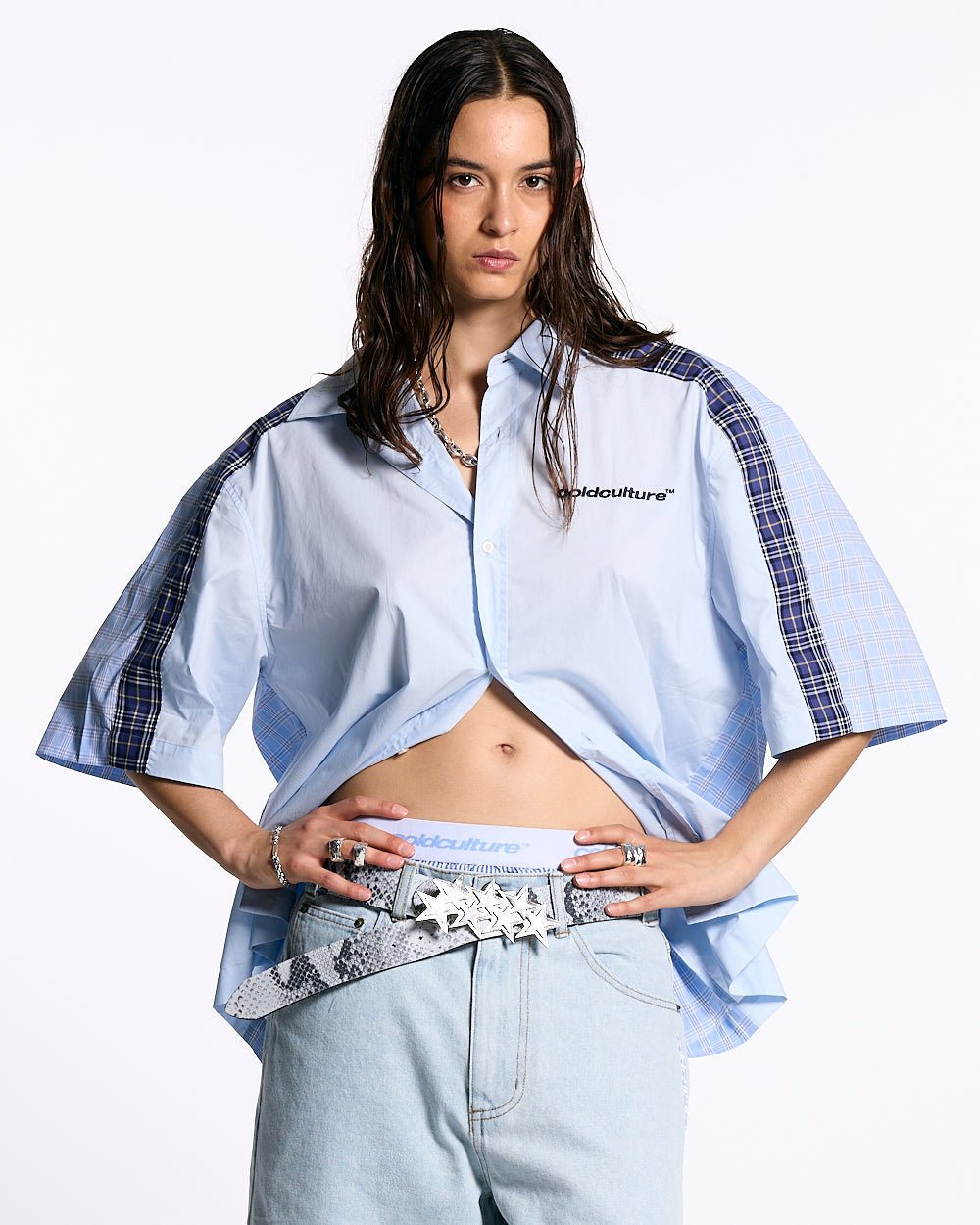 DOUBLE TARTAN SHIRT LIGHT BLUE - light blue plaid short sleeve shirt, front view on female model - Cold Culture #woman