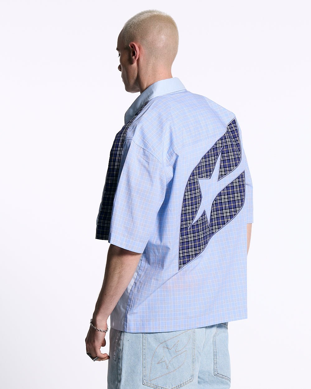 DOUBLE TARTAN SHIRT LIGHT BLUE - light blue plaid short sleeve shirt, back view on male model - Cold Culture #man