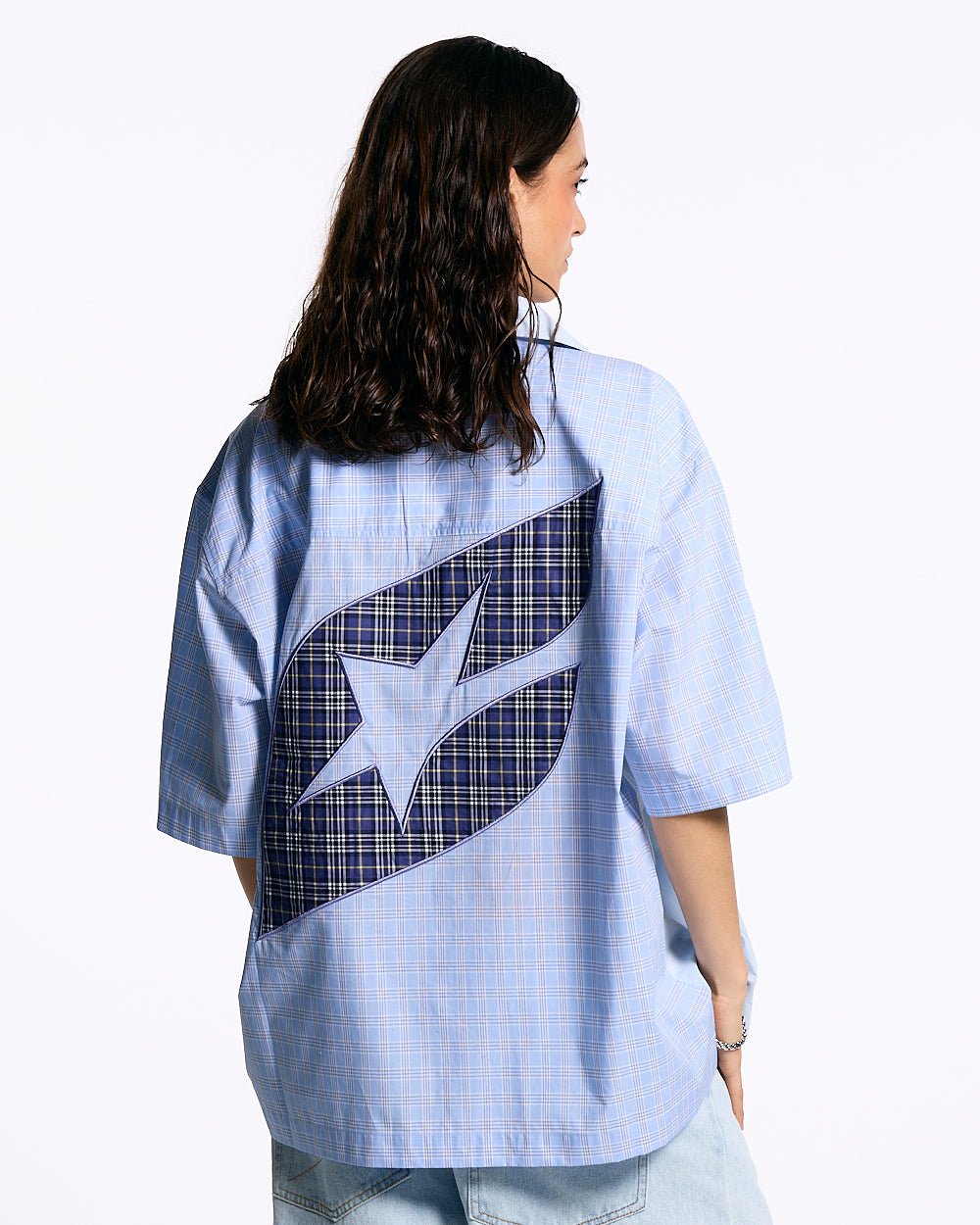 DOUBLE TARTAN SHIRT LIGHT BLUE - light blue plaid short sleeve shirt, back view on female model - Cold Culture #woman