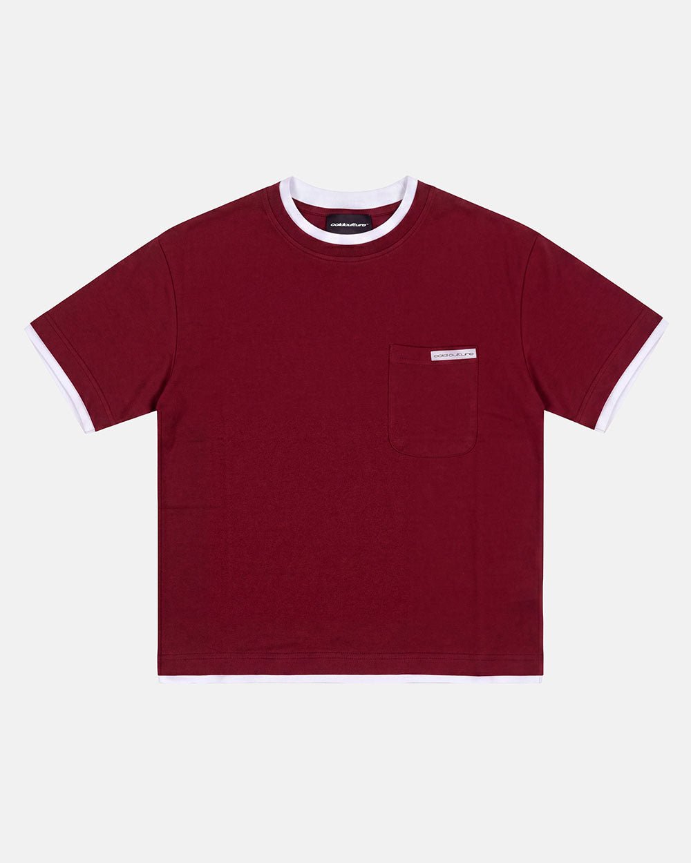 DOUBLE TEE BURGUNDY - burgundy pocket tee, front view - Cold Culture #packshot