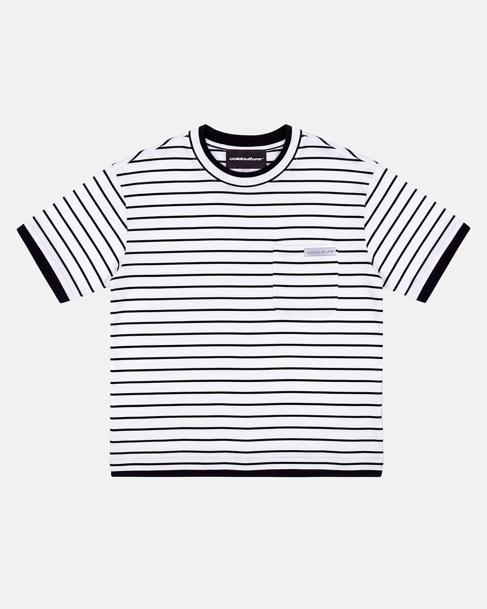 DOUBLE TEE WHITE - white striped pocket tee, front view - Cold Culture #packshot