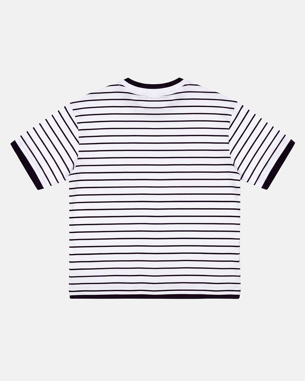 DOUBLE TEE WHITE - white striped pocket tee, back view - Cold Culture #packshot