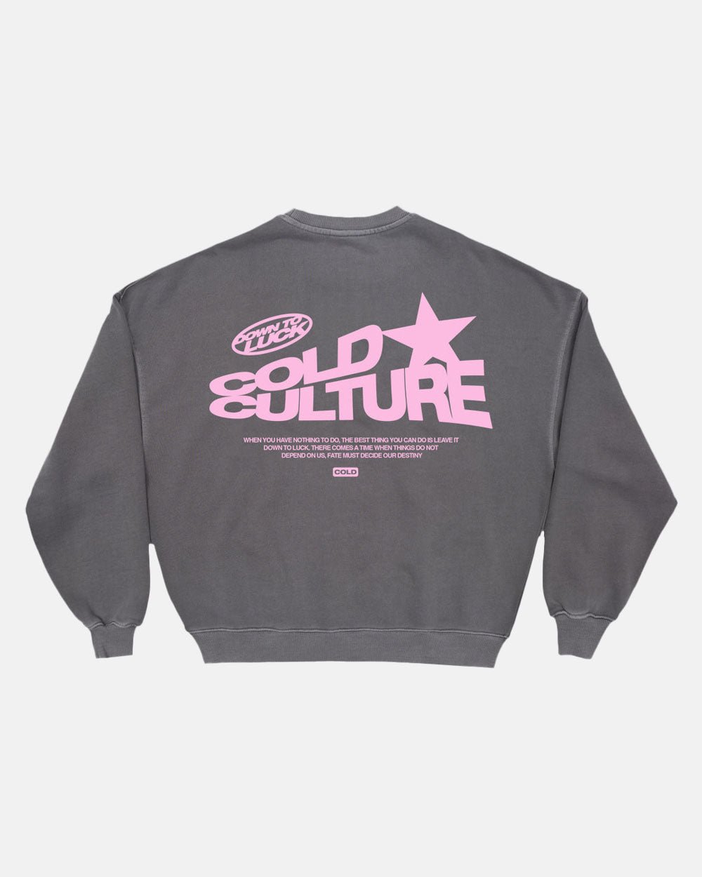 DOWN TO LUCK CREWNECK SMOKEY GREY - grey oversized crewneck sweatshirt, back view - Cold Culture #packshot