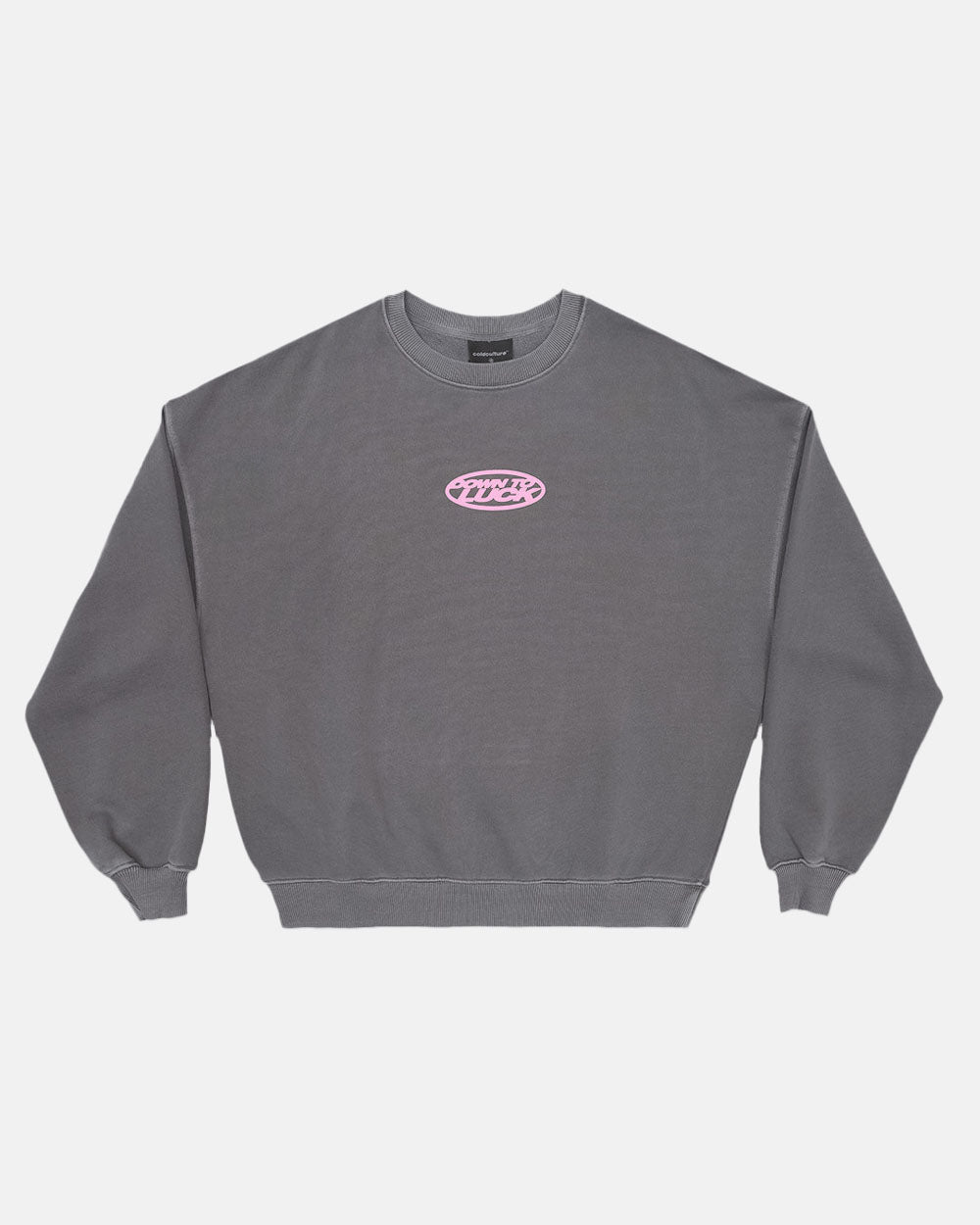 DOWN TO LUCK CREWNECK SMOKEY GREY - grey oversized crewneck sweatshirt, front view - Cold Culture #packshot