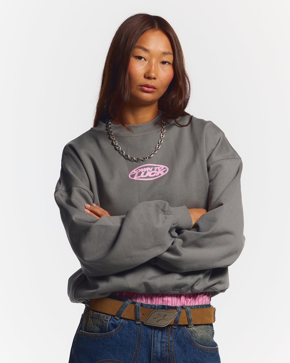 DOWN TO LUCK CREWNECK SMOKEY GREY - grey oversized crewneck sweatshirt, front view on female model - Cold Culture #woman