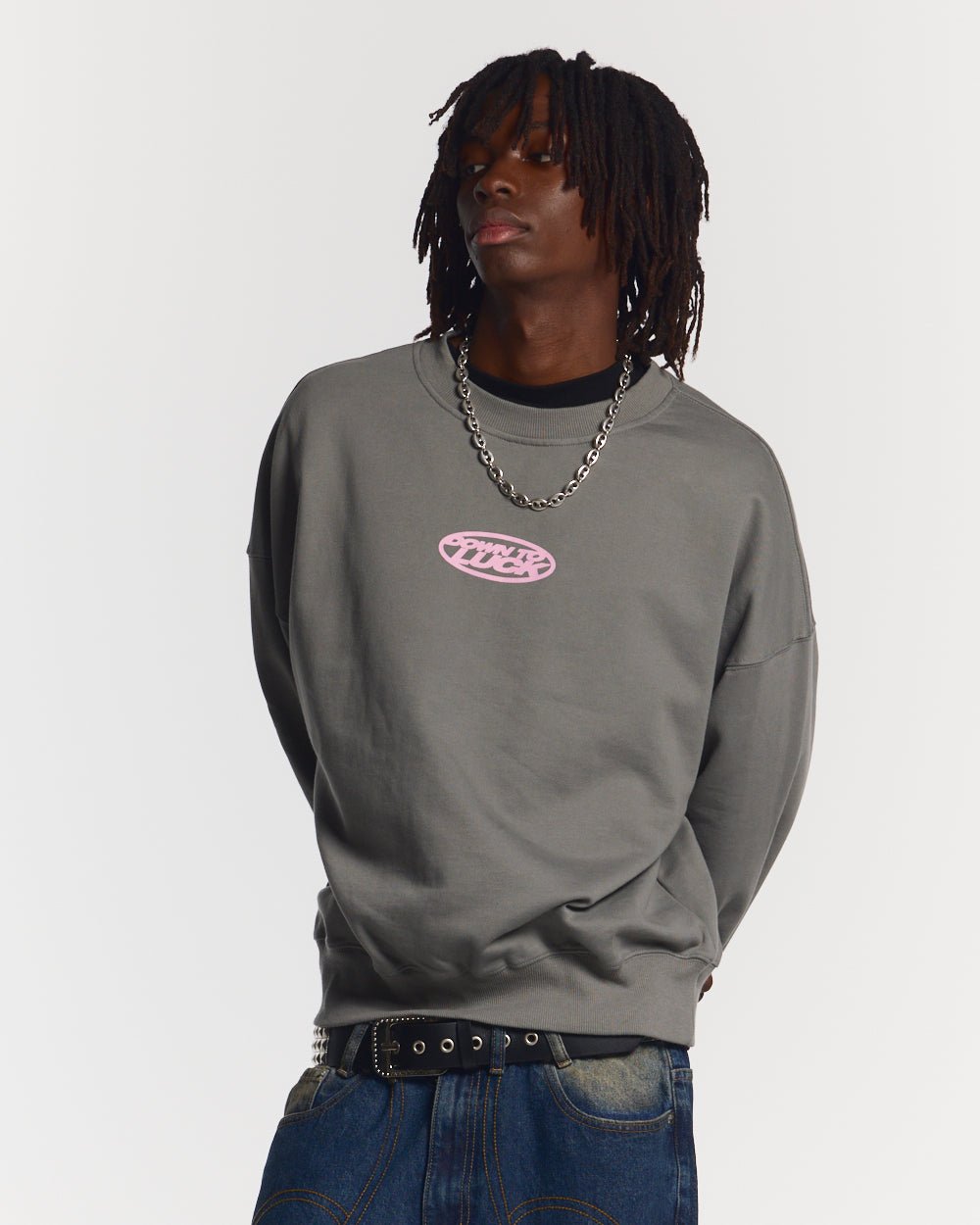 DOWN TO LUCK CREWNECK SMOKEY GREY - grey oversized crewneck sweatshirt, front view on male model - Cold Culture #man