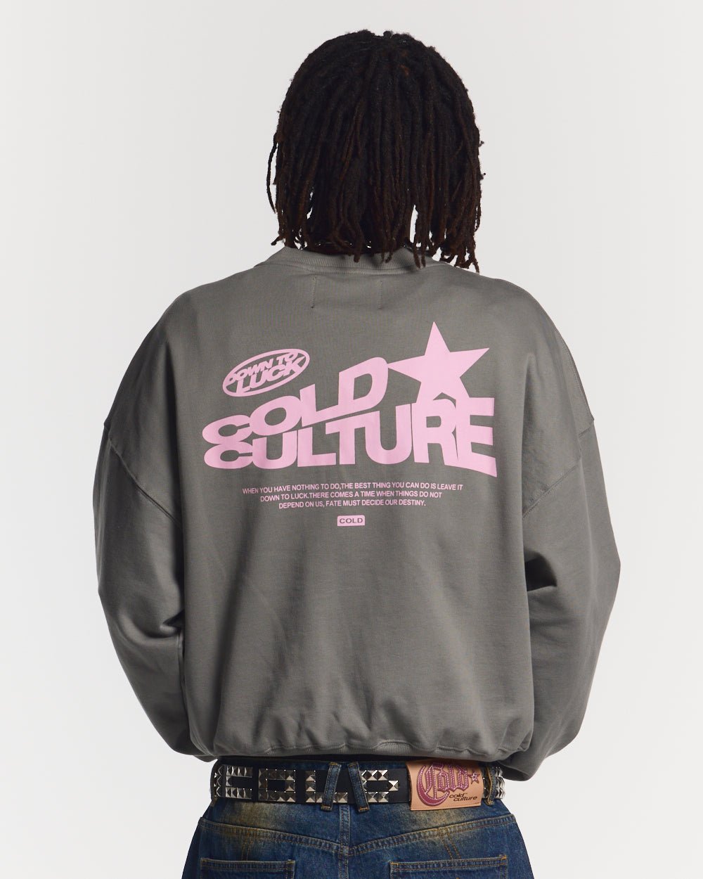 DOWN TO LUCK CREWNECK SMOKEY GREY - grey oversized crewneck sweatshirt, back view on male model - Cold Culture #man