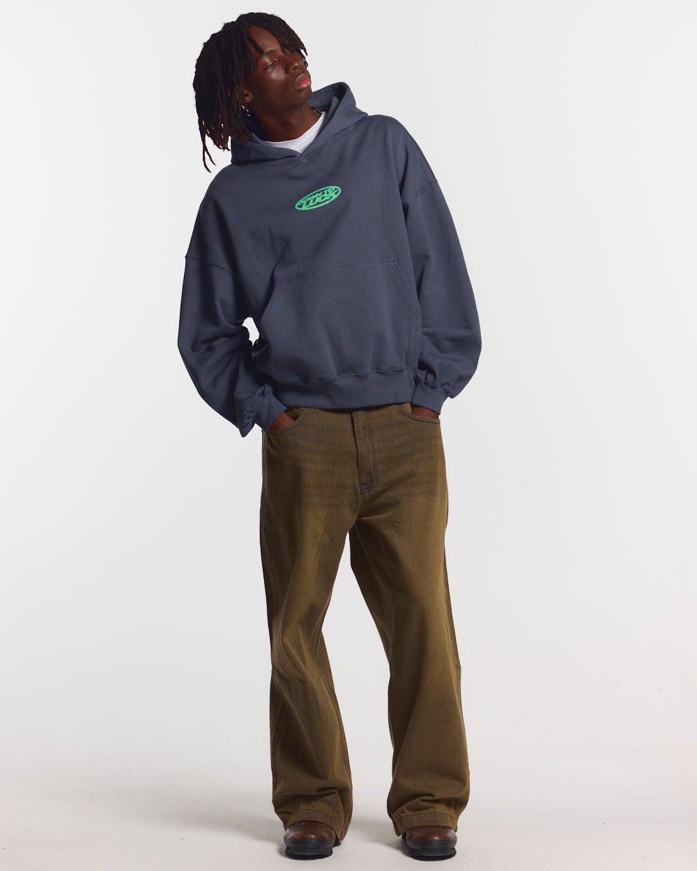 DOWN TO LUCK HOODIE - washed navy graphic print hoodie, front view on male model - Cold Culture #man