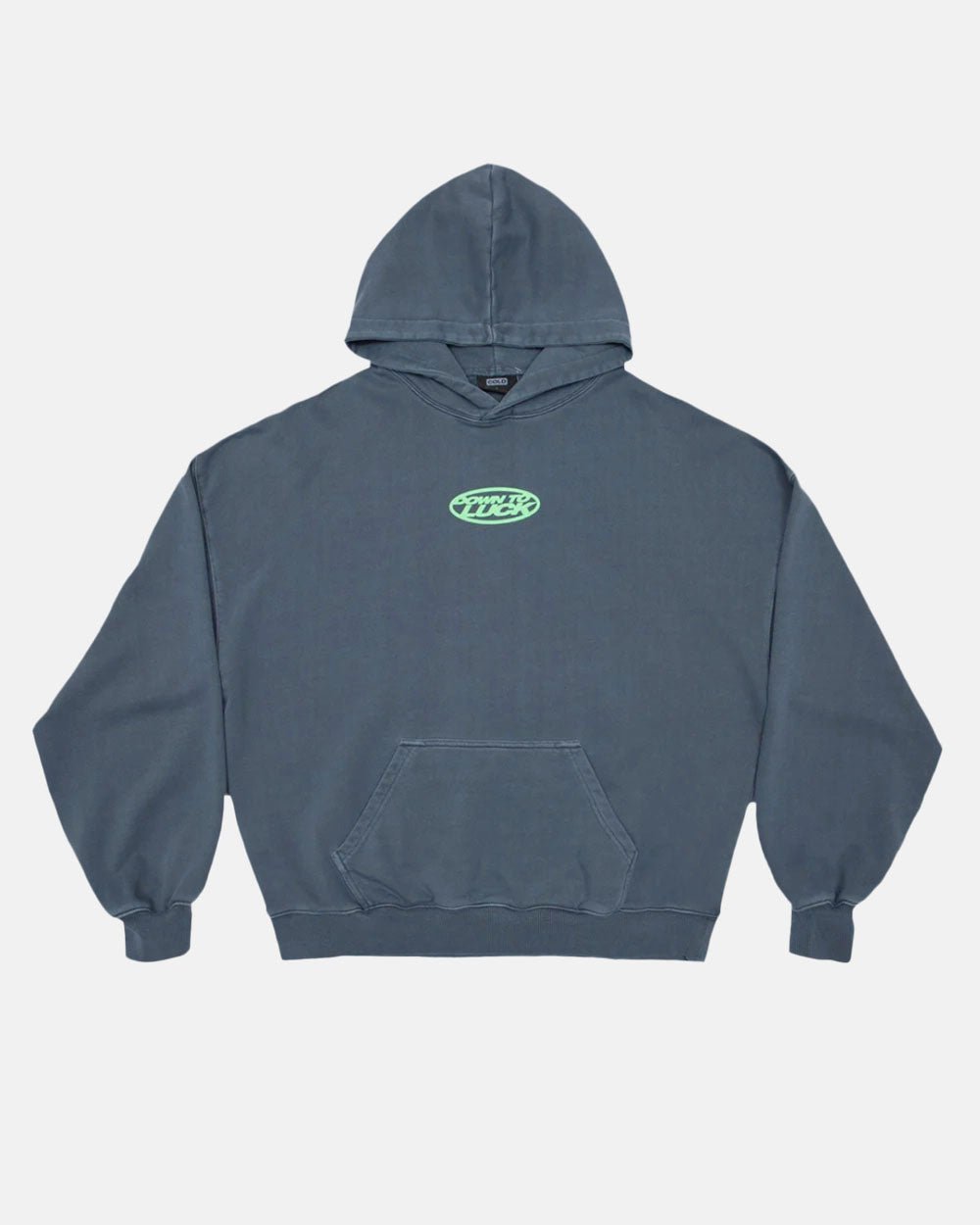 DOWN TO LUCK HOODIE - washed navy graphic print hoodie, front view - Cold Culture #packshot