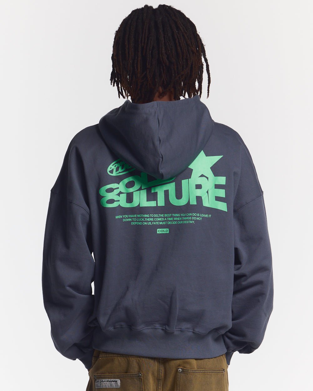 DOWN TO LUCK HOODIE - washed navy graphic print hoodie, back view on male model - Cold Culture #man