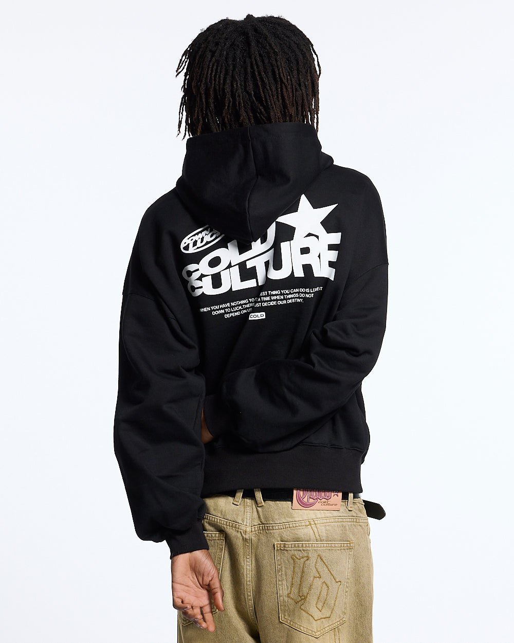 DOWN TO LUCK HOODIE BLACK AND WHITE - black graphic print hoodie, back view on male model - Cold Culture #man