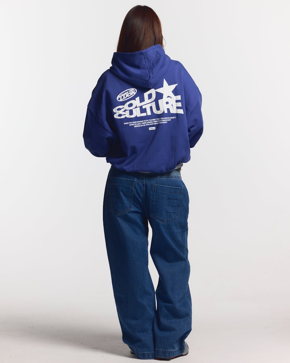 DOWN TO LUCK HOODIE BRIGHT BLUE - royal blue graphic print hoodie, back view on female model - Cold Culture #woman