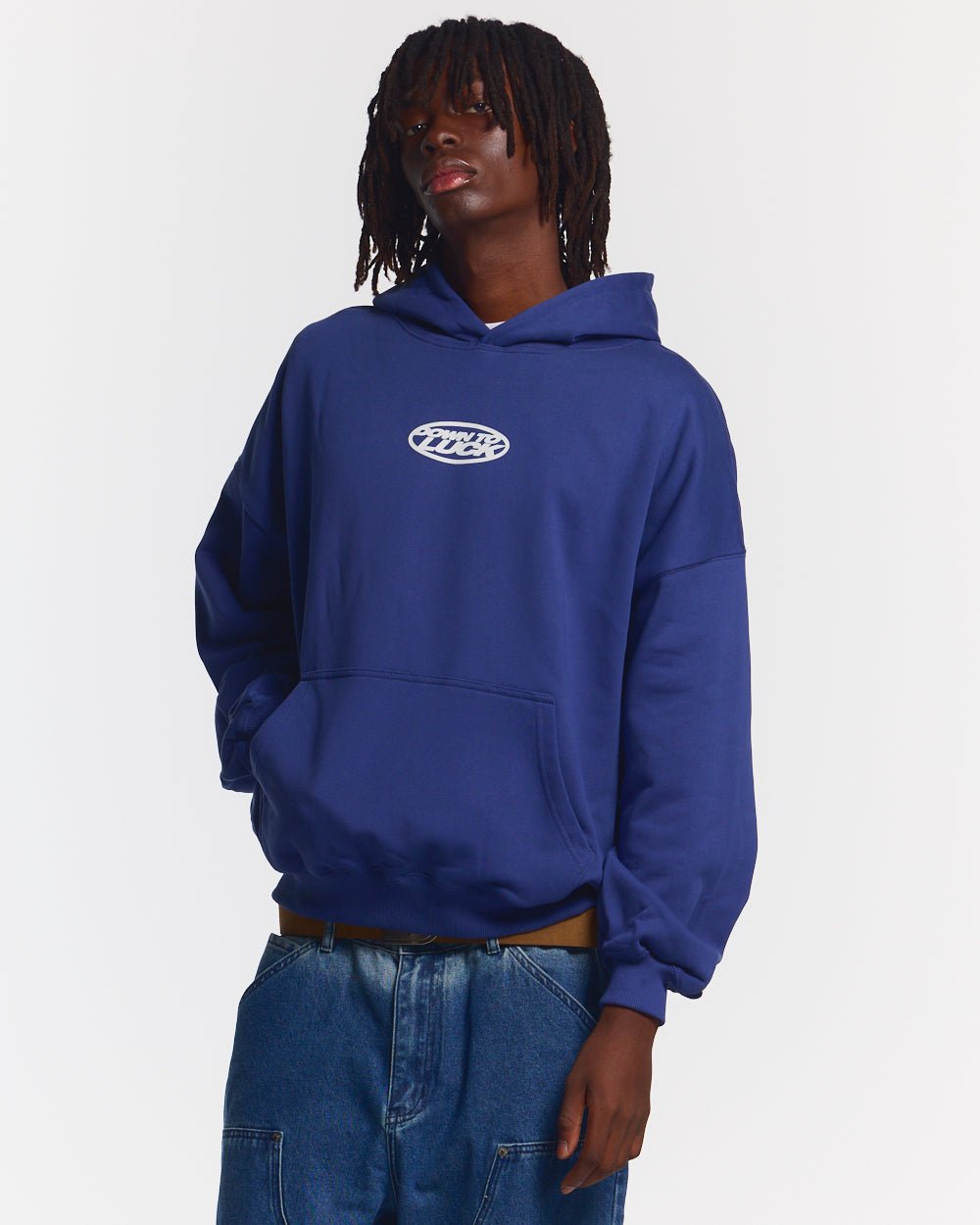 DOWN TO LUCK HOODIE BRIGHT BLUE - royal blue graphic print hoodie, front view on male model - Cold Culture #man