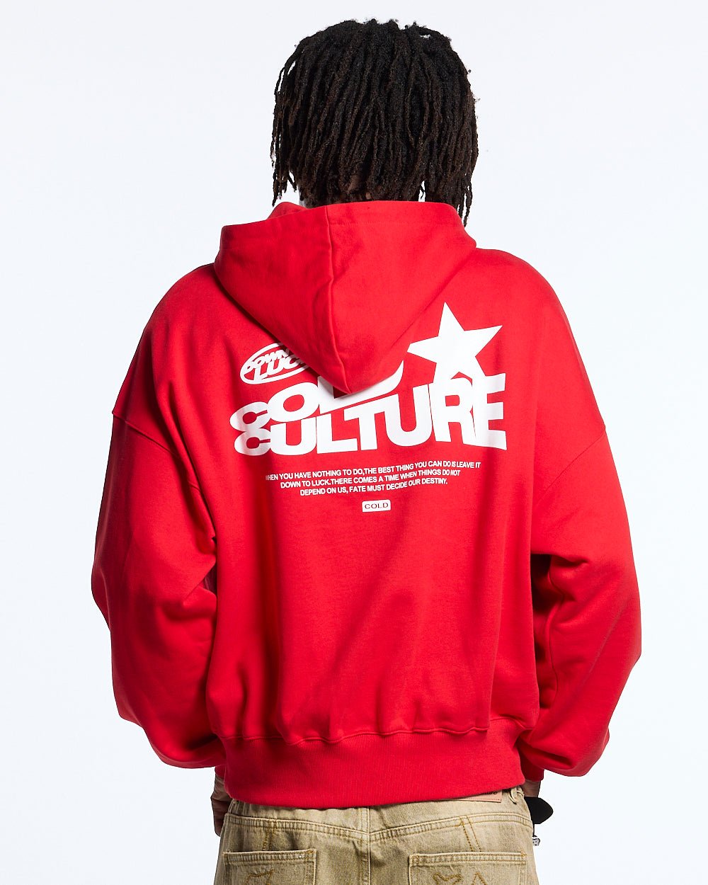 DOWN TO LUCK HOODIE RED - red oversized hoodie, back view on male model - Cold Culture #man