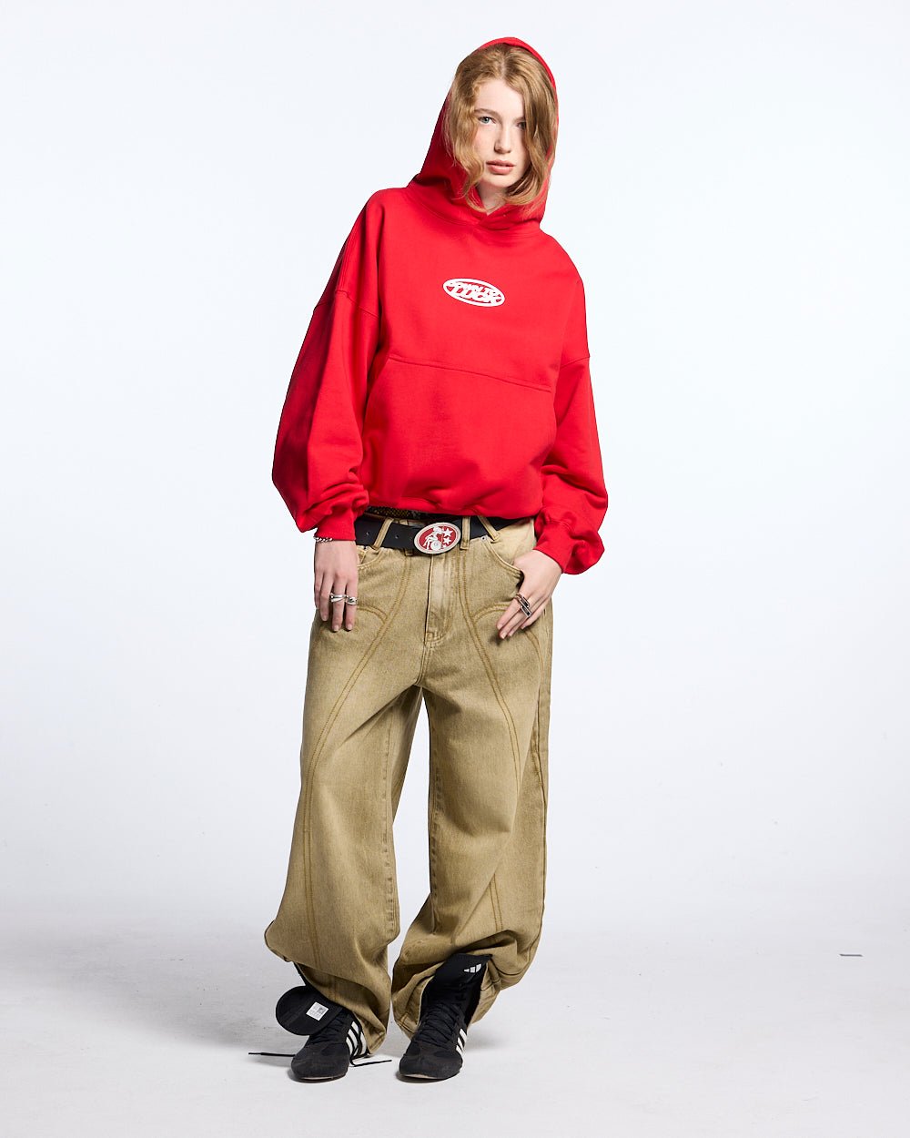 DOWN TO LUCK HOODIE RED - red oversized hoodie, front view on female model - Cold Culture #woman