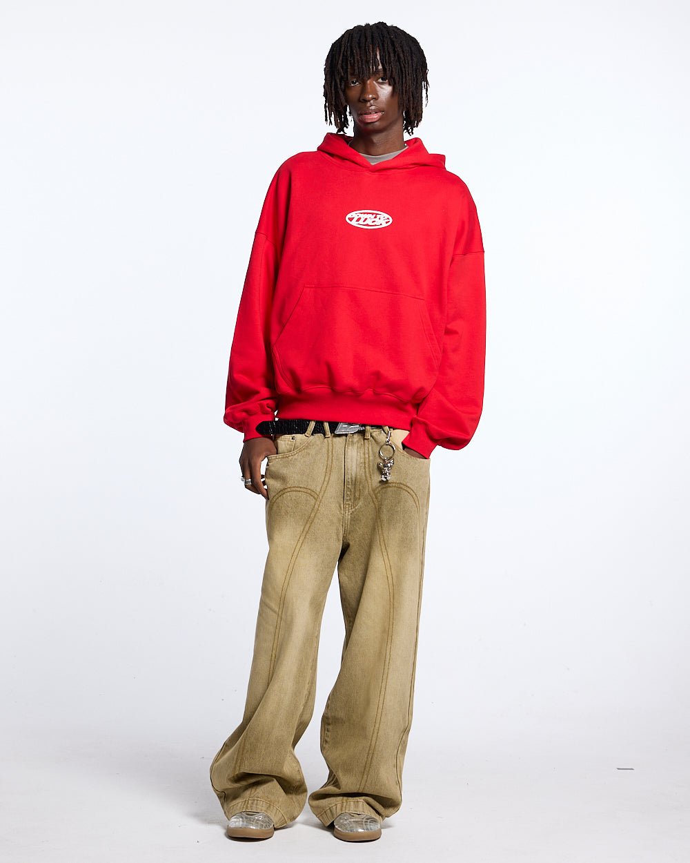 DOWN TO LUCK HOODIE RED - red oversized hoodie, front view on male model - Cold Culture #man