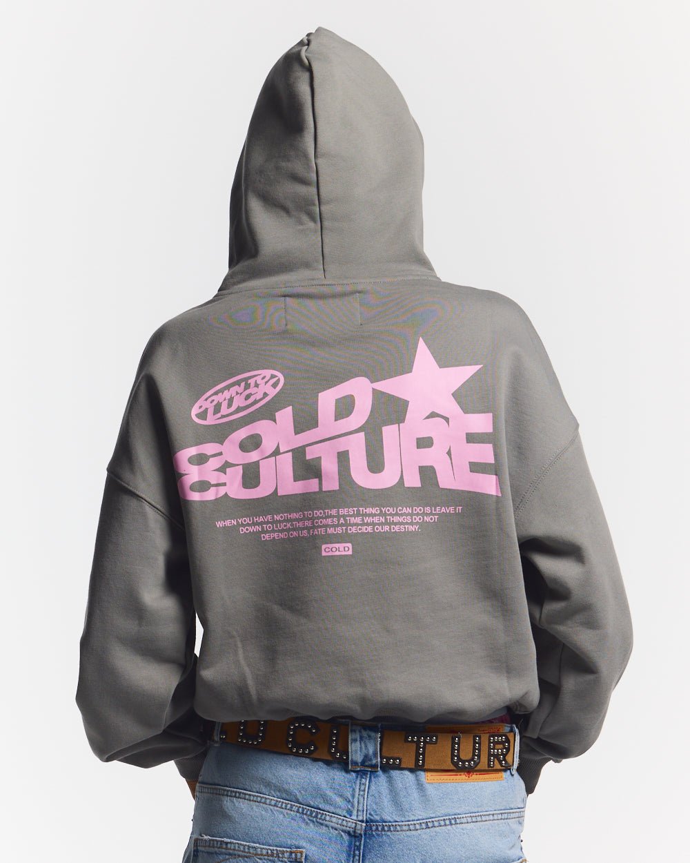 DOWN TO LUCK HOODIE SMOKEY GREY - grey graphic print hoodie, back view on female model - Cold Culture #woman