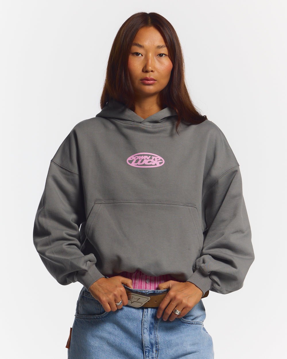 DOWN TO LUCK HOODIE SMOKEY GREY - grey graphic print hoodie, front view on female model - Cold Culture #woman