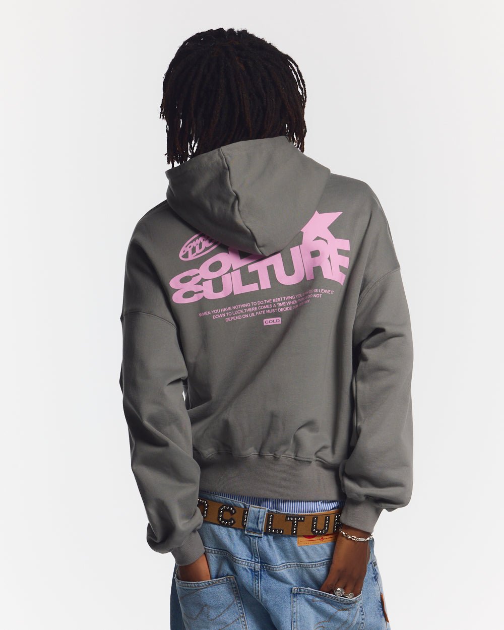 DOWN TO LUCK HOODIE SMOKEY GREY - grey graphic print hoodie, back view on male model - Cold Culture