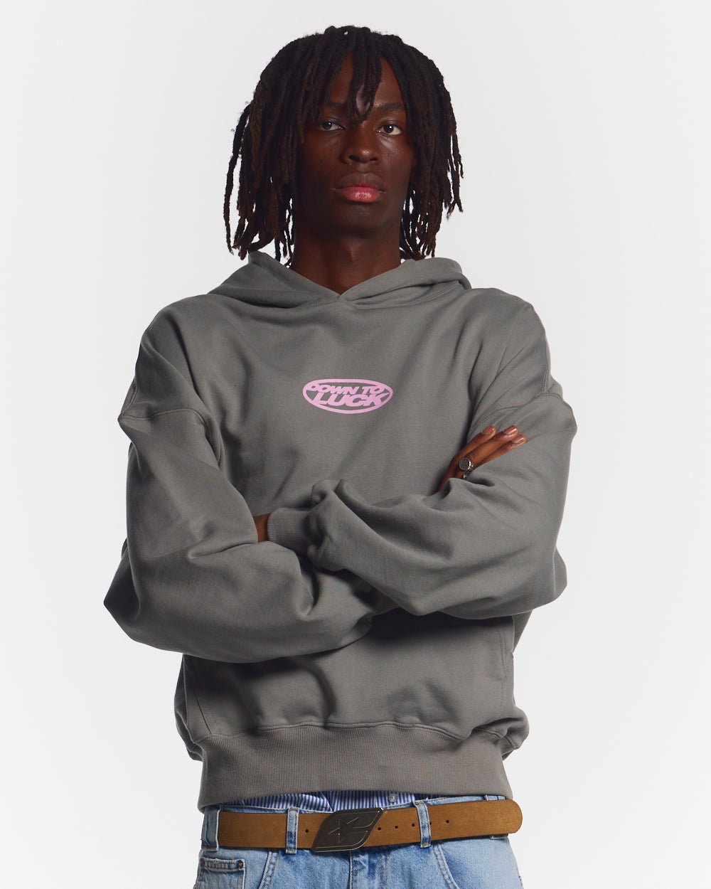DOWN TO LUCK HOODIE SMOKEY GREY - grey graphic print hoodie, front view on male model - Cold Culture #man