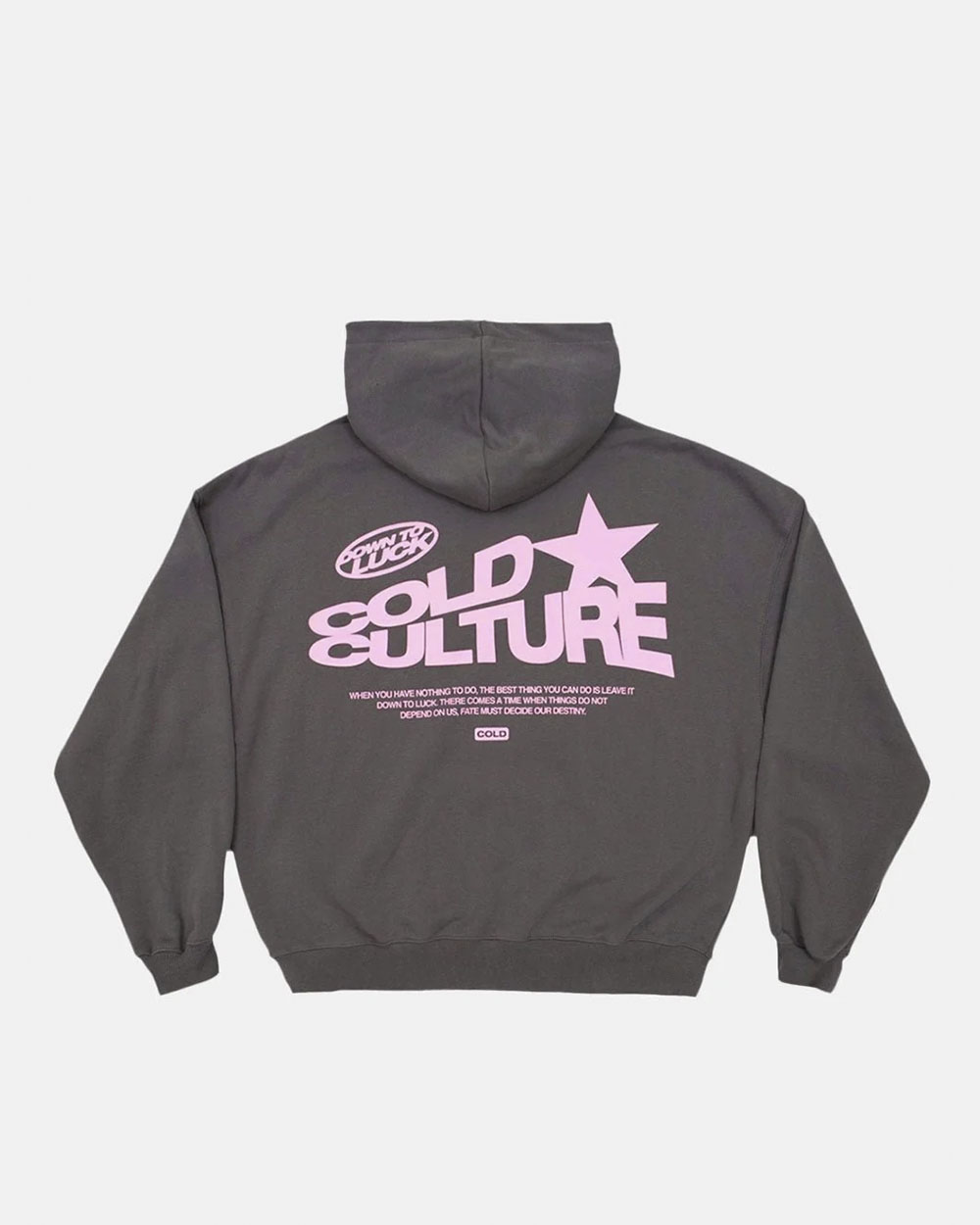 DOWN TO LUCK HOODIE SMOKEY GREY - grey graphic print hoodie, back view - Cold Culture #packshot
