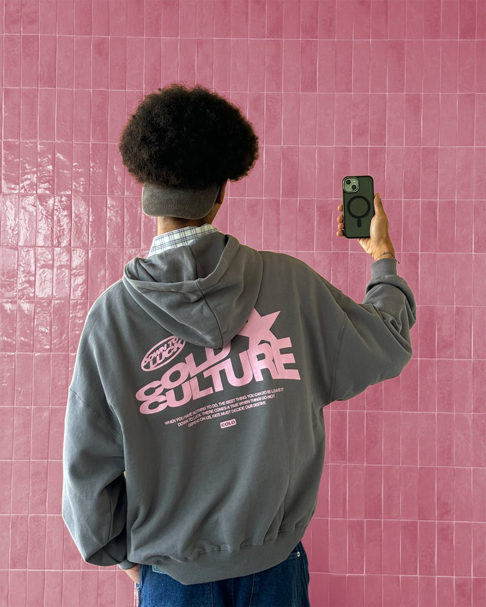 DOWN TO LUCK HOODIE SMOKEY GREY - grey graphic print hoodie, street style shot - Cold Culture