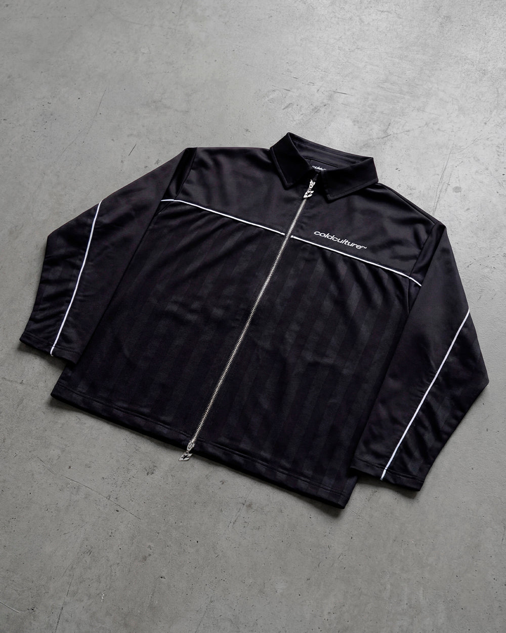 DRAW THE LINE LONGSLEEVE SHIRT BLACK - black zip track jacket, flat lay - Cold Culture