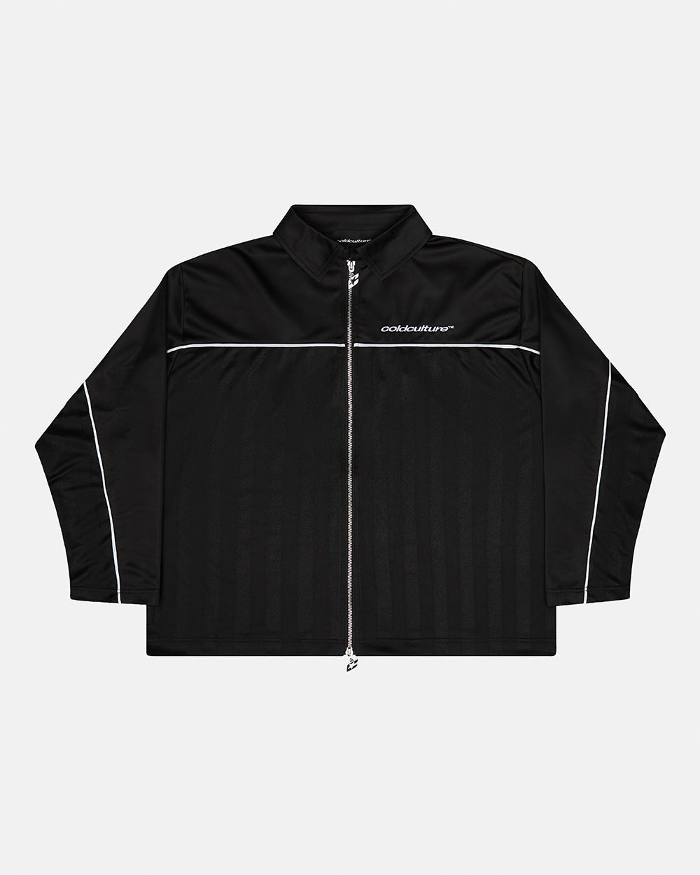 DRAW THE LINE LONGSLEEVE SHIRT BLACK - black zip track jacket, front view - Cold Culture #packshot
