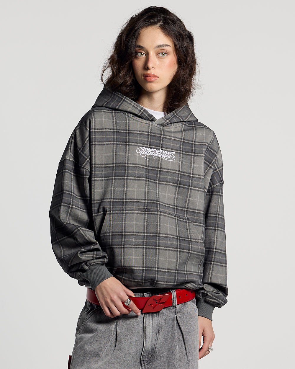 DRIFT HOODIE DARK GREY - dark grey plaid hoodie, front view on female model - Cold Culture #woman