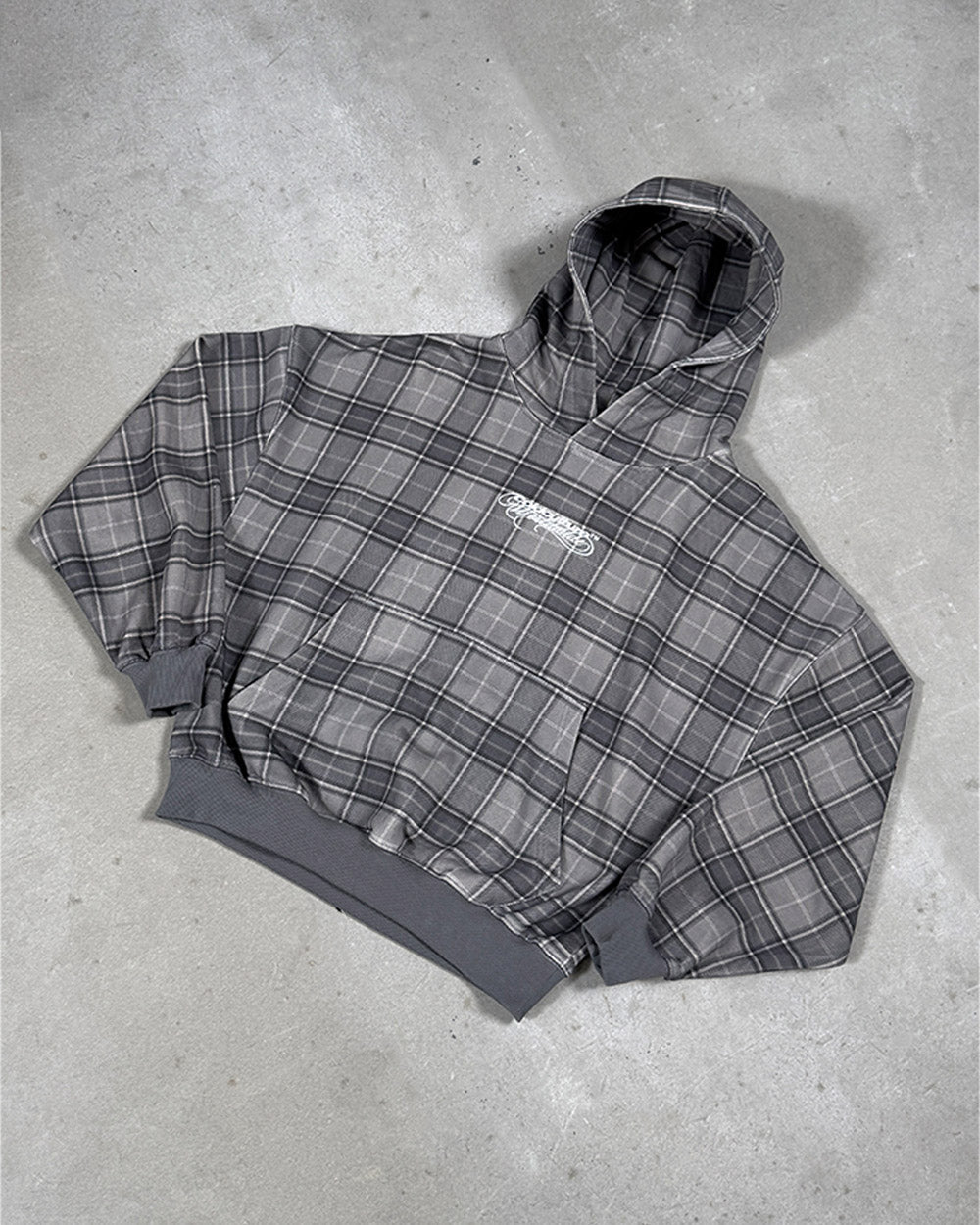 DRIFT HOODIE DARK GREY - dark grey plaid hoodie, flat lay - Cold Culture