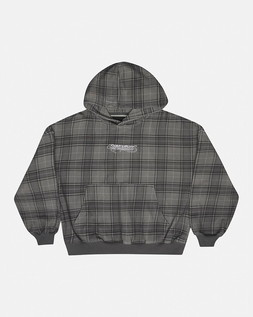 DRIFT HOODIE DARK GREY - dark grey plaid hoodie, front view - Cold Culture #packshot