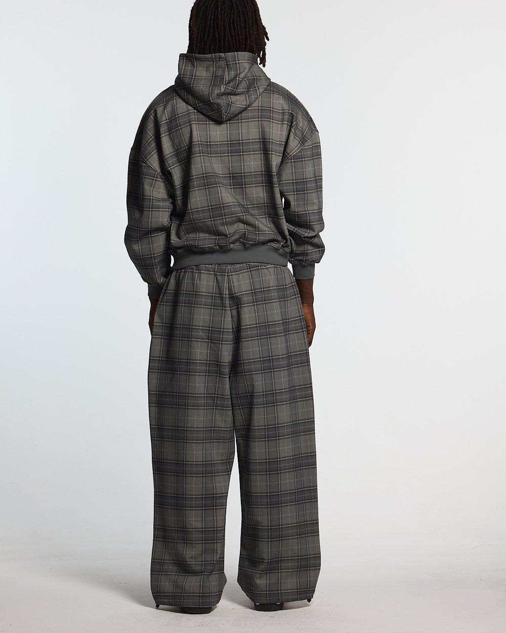 DRIFT SWEATPANTS GREY MIX - grey plaid sweatpants, back view on male model - Cold Culture