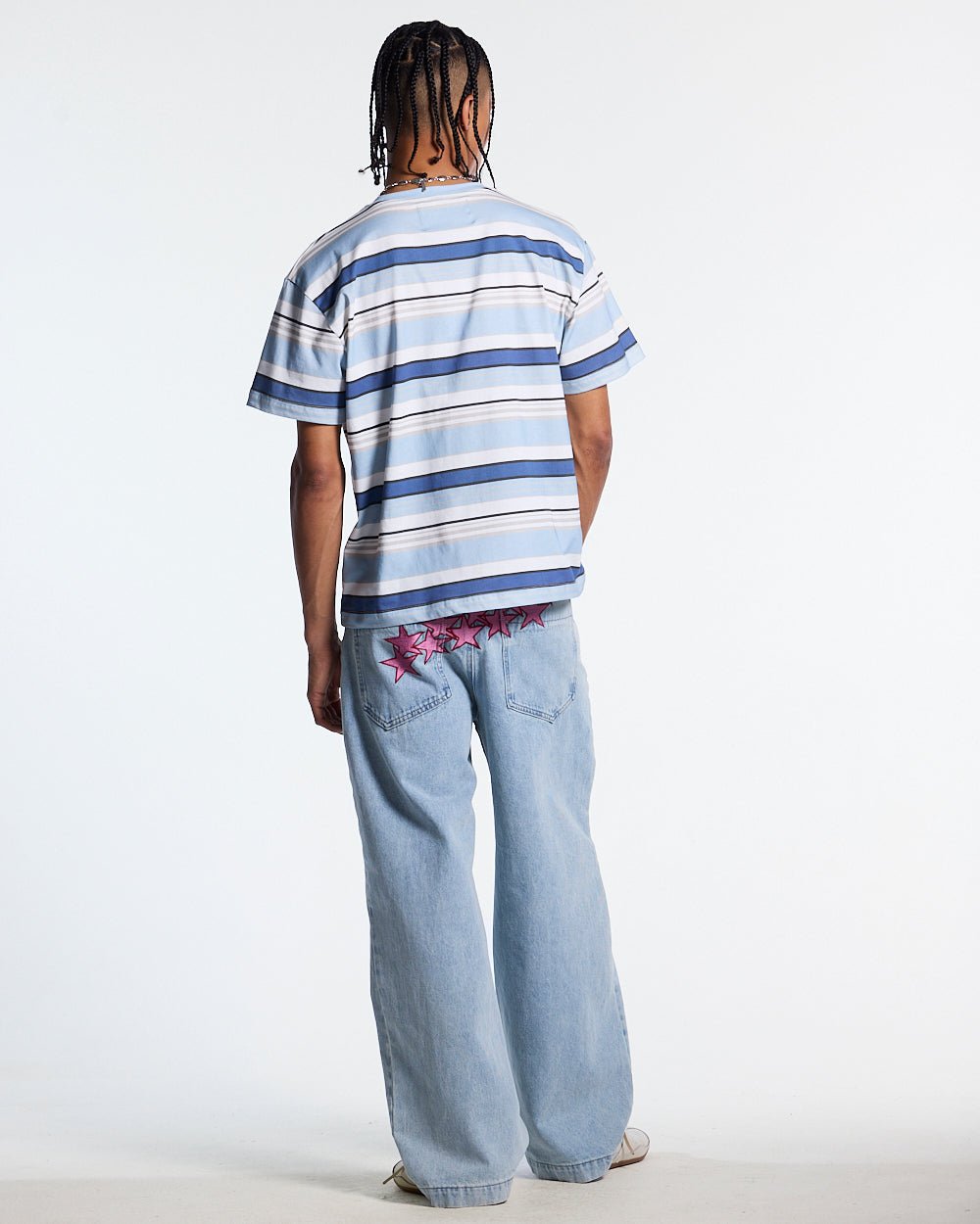 DRIFTLINE TEE BLUE - blue striped tee, back view on male model - Cold Culture #man