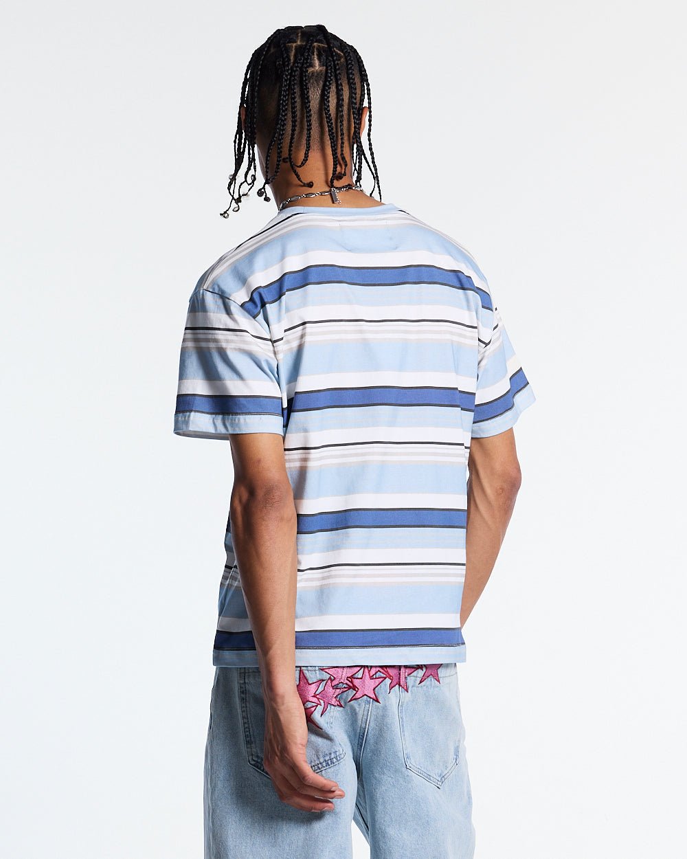 DRIFTLINE TEE BLUE - blue striped tee, back view on male model - Cold Culture #man