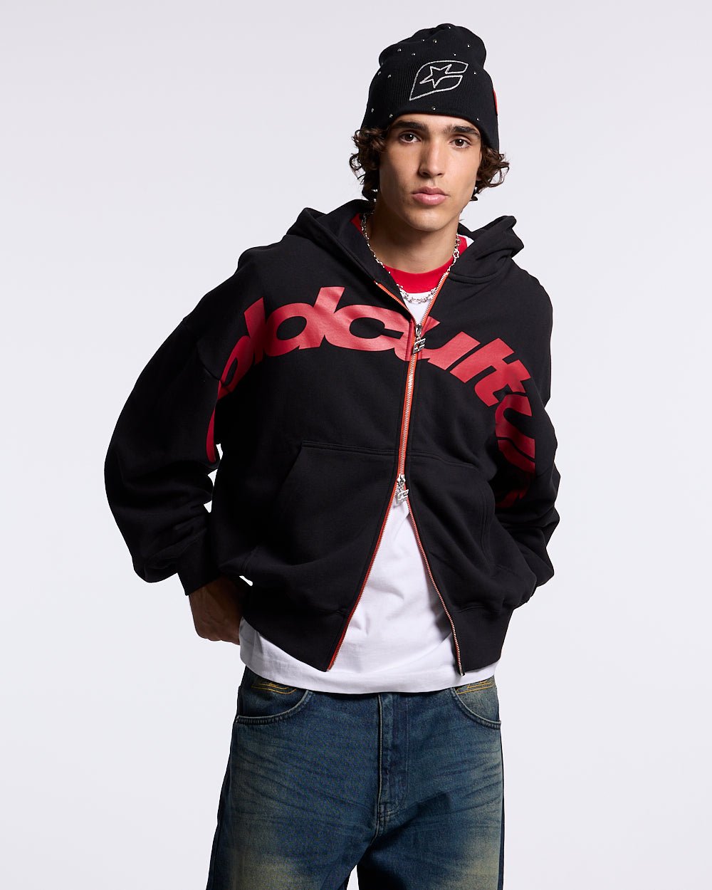 DRIVEN ZIP HOODIE BLACK - black oversized zip-up hoodie, front view on male model - Cold Culture #man