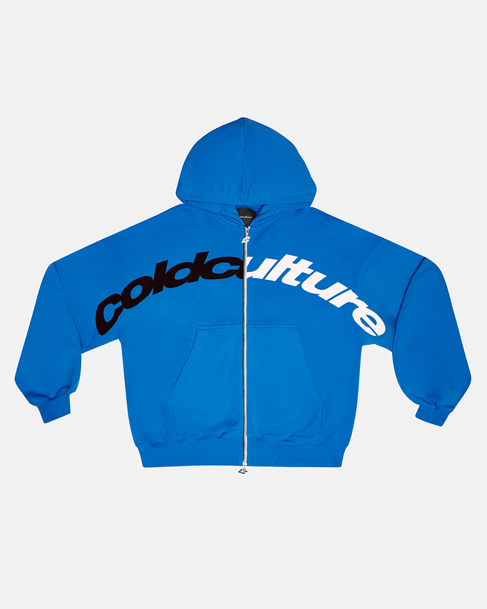 DRIVEN ZIP HOODIE BLUE - blue oversized zip-up hoodie, front view - Cold Culture #packshot