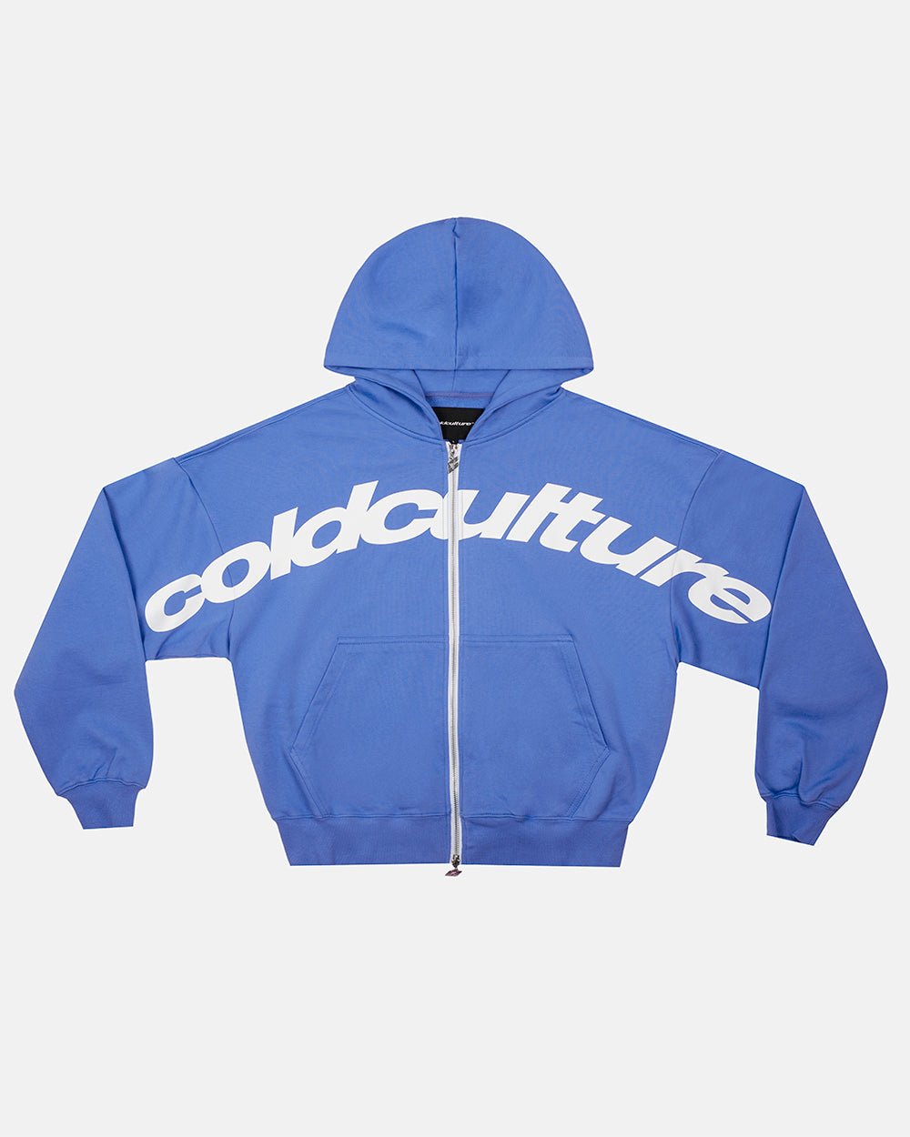 DRIVEN ZIP HOODIE BLUE & WHITE - blue zip-up hoodie, front view - Cold Culture #packshot