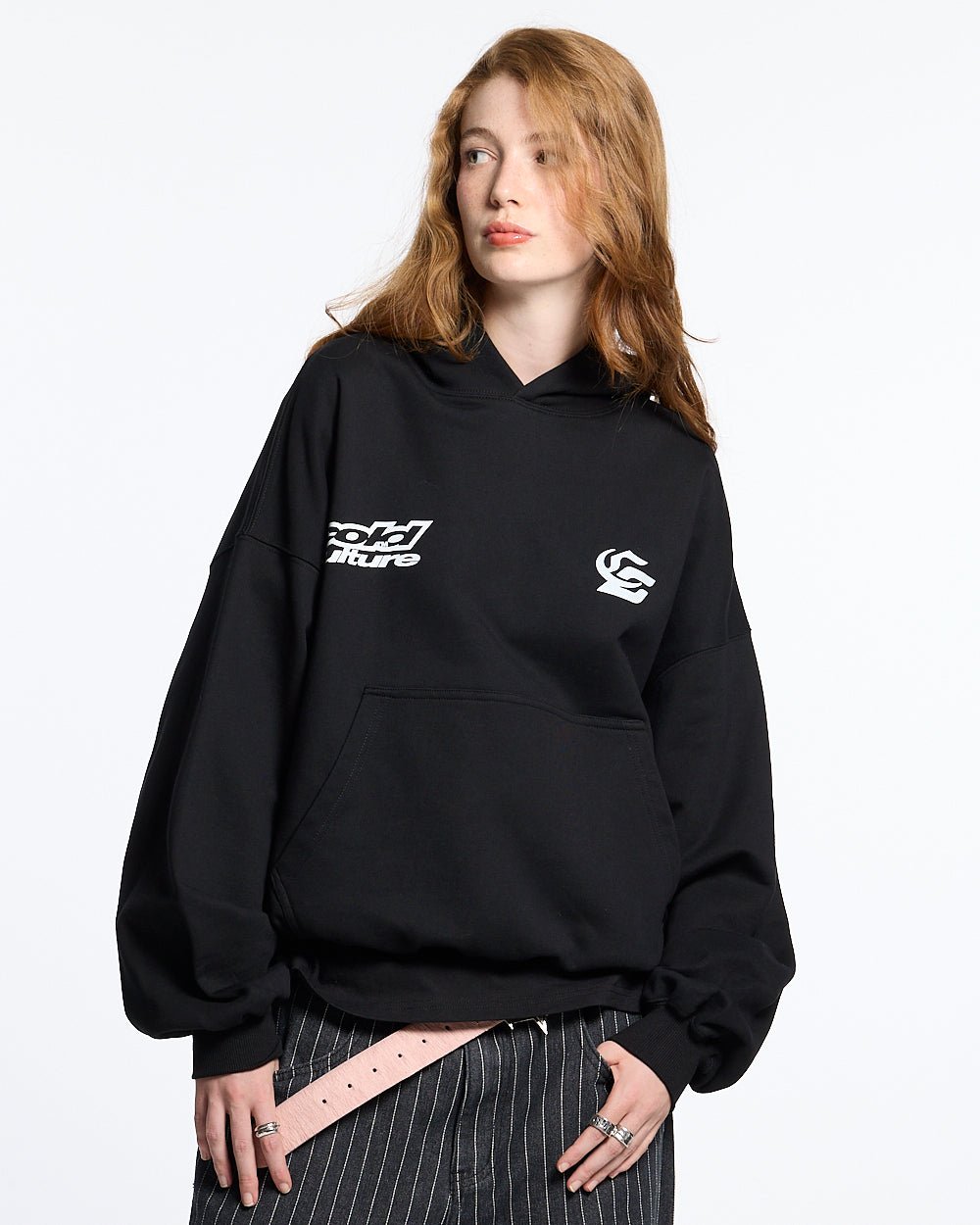 DRIVING MIRROR HOODIE BLACK - black graphic print hoodie, front view on female model - Cold Culture #woman
