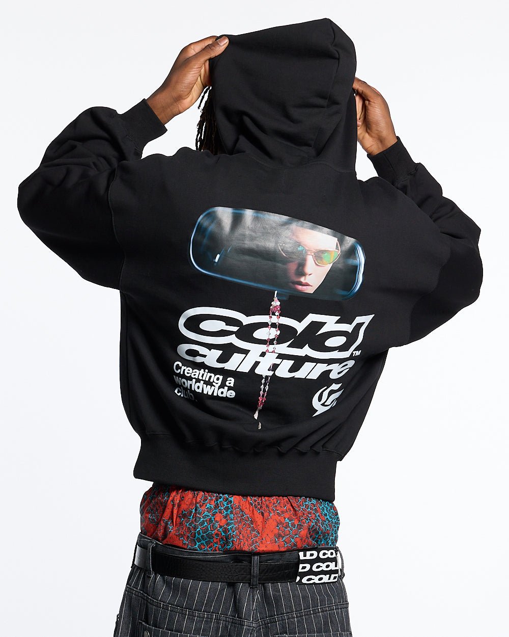 DRIVING MIRROR HOODIE BLACK - black graphic print hoodie, back view on male model - Cold Culture