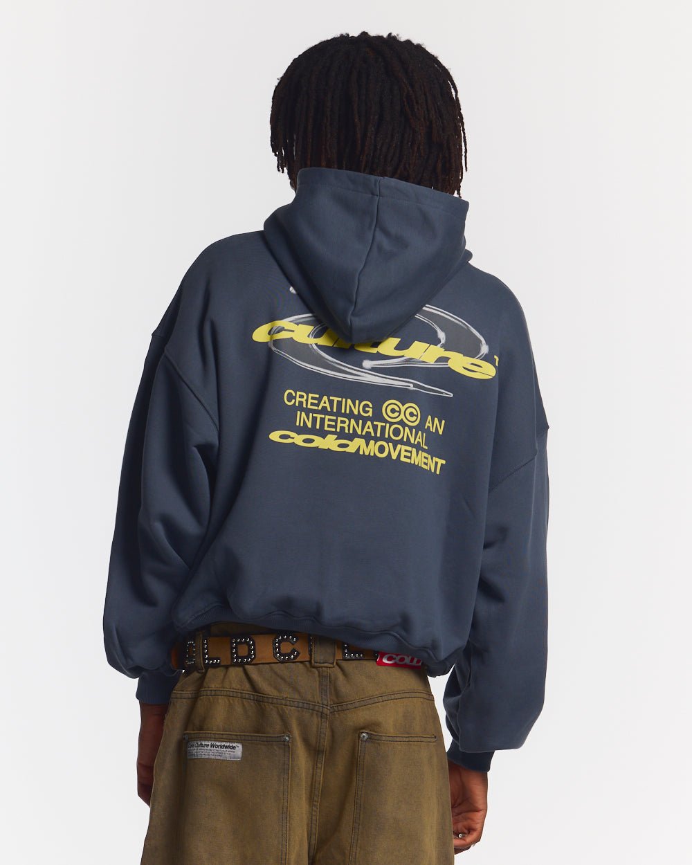 DYNAMIC HOODIE DARK BLUE - dark navy graphic print hoodie, back view on male model - Cold Culture #man